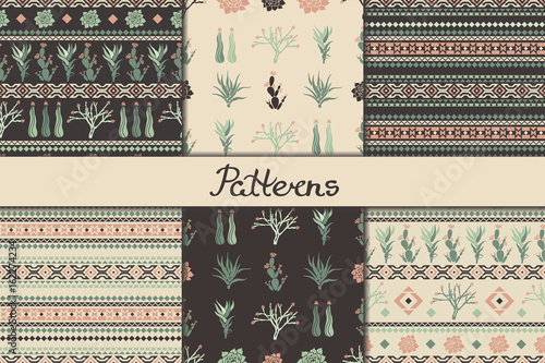 Set of seamless patterns with geometric shapes, succulents and cacti. Vector illustration.