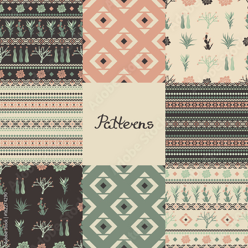 Set of seamless patterns with geometric shapes, succulents and cacti. Eight textures. Vector illustration.