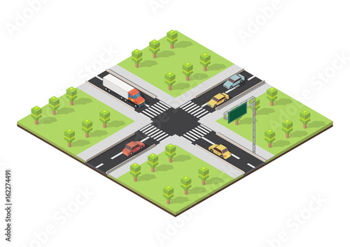 Isomertic city intersection road markings vector illustration. 