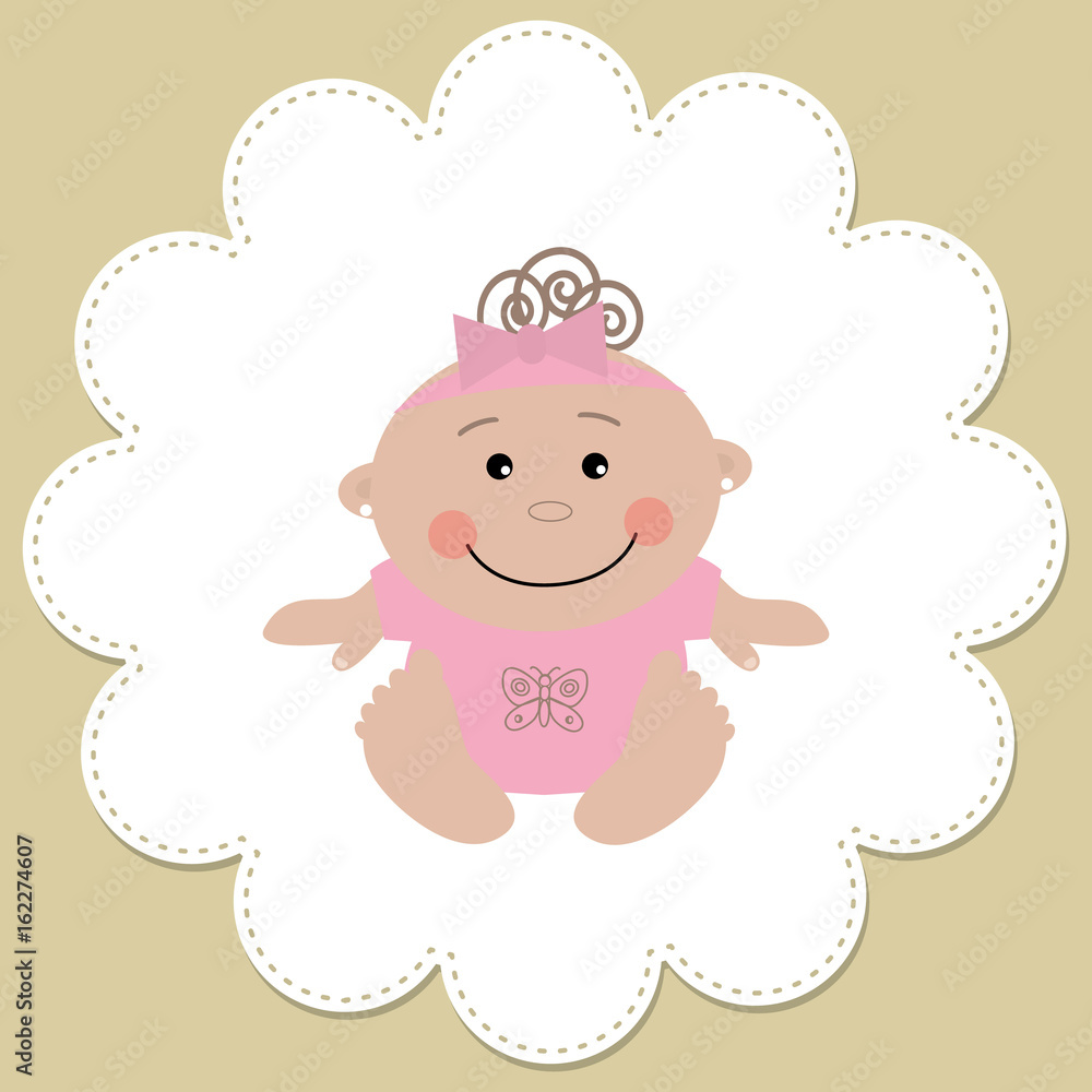 Baby girl in a round frame on a beige background. Vector illustration. Baby girl in a round frame on a beige background. Vector illustration.