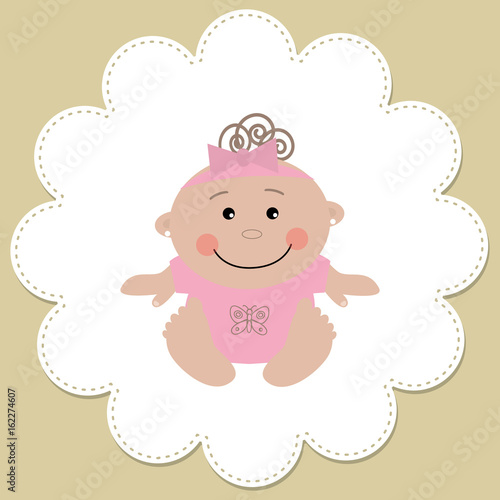 Baby girl in a round frame on a beige background. Vector illustration.
