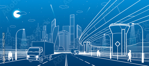 Transportation bridge. Wide highway. Road overpass. Urban infrastructure, modern city on background, industrial architecture. People walking. Truck rides. White lines, night scene, vector design art 