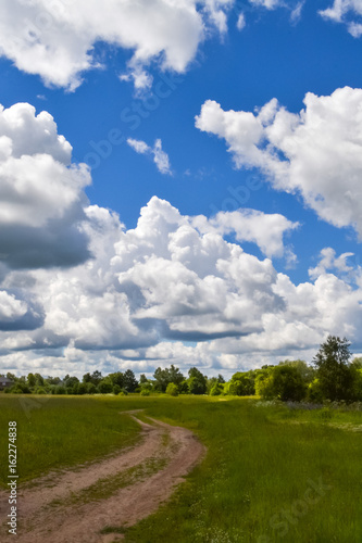 Country road through the field. Sky with clouds. Vertical view