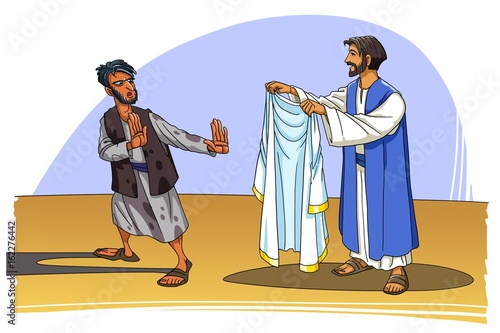 Jesus offers the white robe of righteousness to the sinner photo