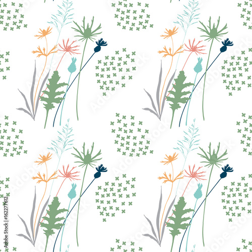Floral vector seamless pattern with cornflowers, thistles and grasses.