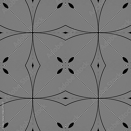 Abstract vector seamless op art pattern. Monochrome moire ornament.
