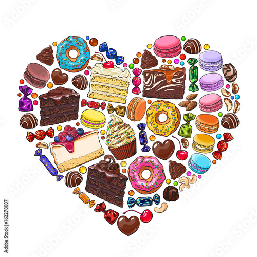 Heart made of cakes, sweets, candies, macaroons, nuts, donuts and other desserts and pastries, sketch vector illustration isolated on white background. Heart formed by pastries, candies and desserts