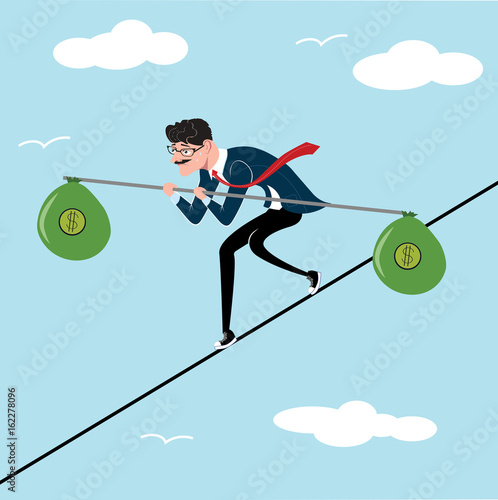 Businessman tightrope walker with bag of money as a symbol of business risk and courage, brave step. Blue sky background. Unstable business. Office worker walking on line.