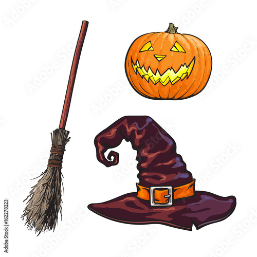 Hand drawn Halloween symbols - pumpking lantern, pointed hat and witch broom, sketch vector illustration isolated on white background. Sketch style Halloween pumpkin jack o lantern, hat, broomstick