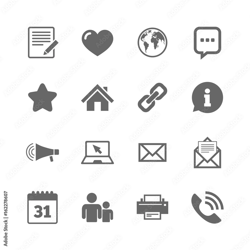 Set of Communication, Conference and Information icons. E-Mail, Printer and Internet signs. Speech bubble, Support and Phone call symbols. Isolated flat icons set on white background. Vector Set of Communication, Conference and Information icons. E-Mail, Printer and Internet signs. Speech bubble, Support and Phone call symbols. Isolated flat icons set on white background. Vector