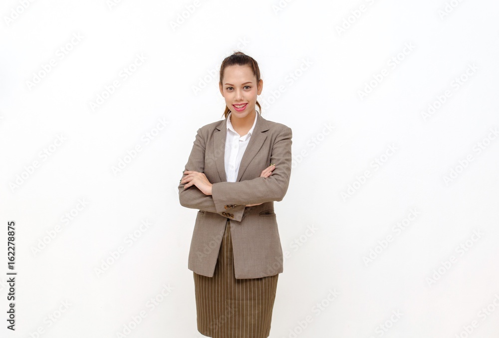 beautiful asian young business woman smiling in suit standing and crossed arms isolated on white background beautiful asian young business woman smiling in suit standing and crossed arms isolated on white background