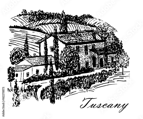 drawing beautiful landscape of Tuscany fields with the beautiful manor house on the hill sketch ink hand drawn vector illustration