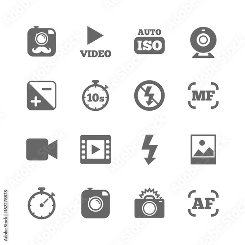 Set of Photo and Video icons. Camera, timer and frame signs. No flash and Auto focus symbols. Isolated flat icons set on white background. Vector