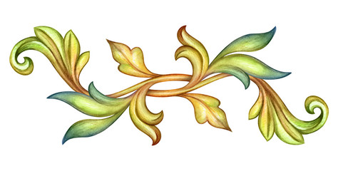 watercolor illustration, green leaves, antique border, medieval floral ornament, vintage pattern, clip art isolated on white background
