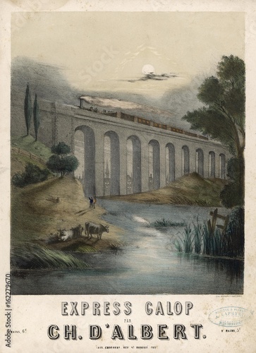 Train crossing a viaduct in the twilight. Date: circa 1850