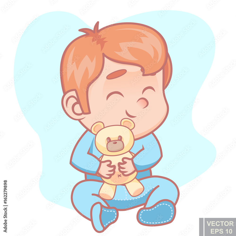 Vector - illustration of cute cartoon baby boy in pajamas with teddy bear happy infant child Vector - illustration of cute cartoon baby boy in pajamas with teddy bear happy infant child