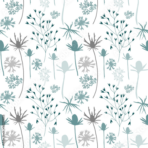 Floral vector seamless pattern with cornflowers, thistles and grasses.