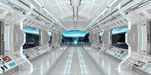 Fototapeta Naklejka Na Ścianę i Meble -  Spaceship interior with view on the planet Earth 3D rendering elements of this image furnished by NASA