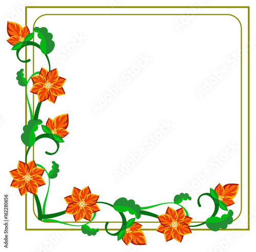 Square decorative frame with abstract red flowers. Vector clip art.