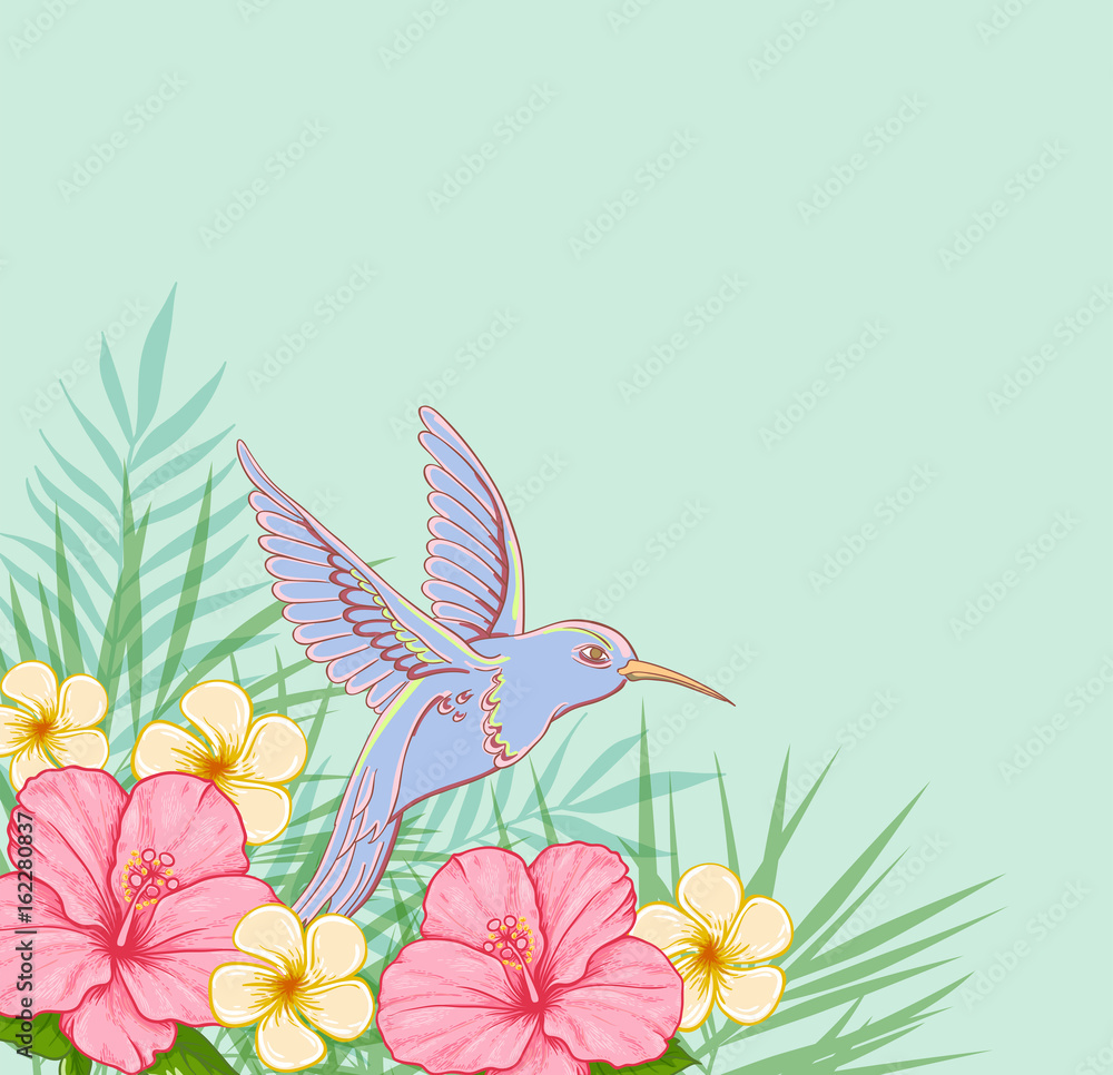 Fototapeta premium Pink flowers and flying bird