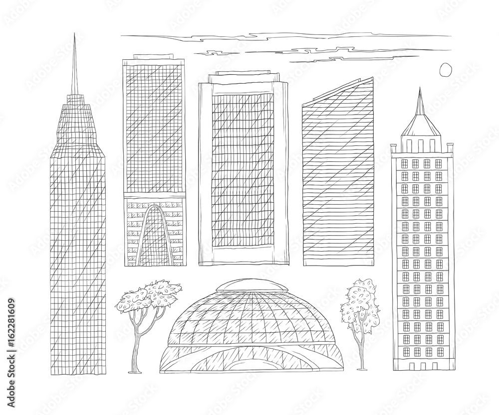 Fototapeta premium Vector black and white set of sketch illustration of high-rise urban office and public buildings. A kit drawn lines of skyscrapers of a modern metropolis, trees and clouds.