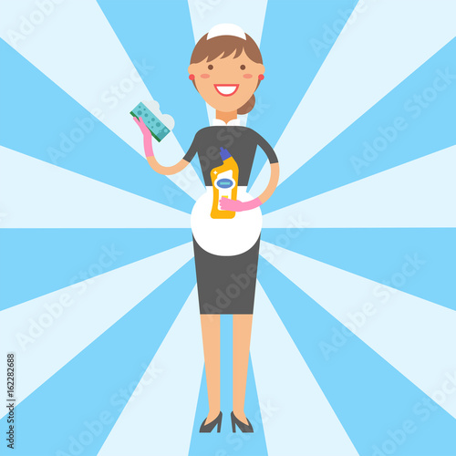 Housewife girl homemaker cleaning pretty girl wash cleanser chemical housework product equipment vector.