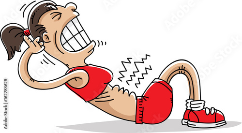 A cartoon woman straining and she exercises by doing situps.