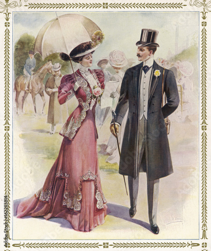 Foto Couple at the races in a costume brochure. Date: 1905