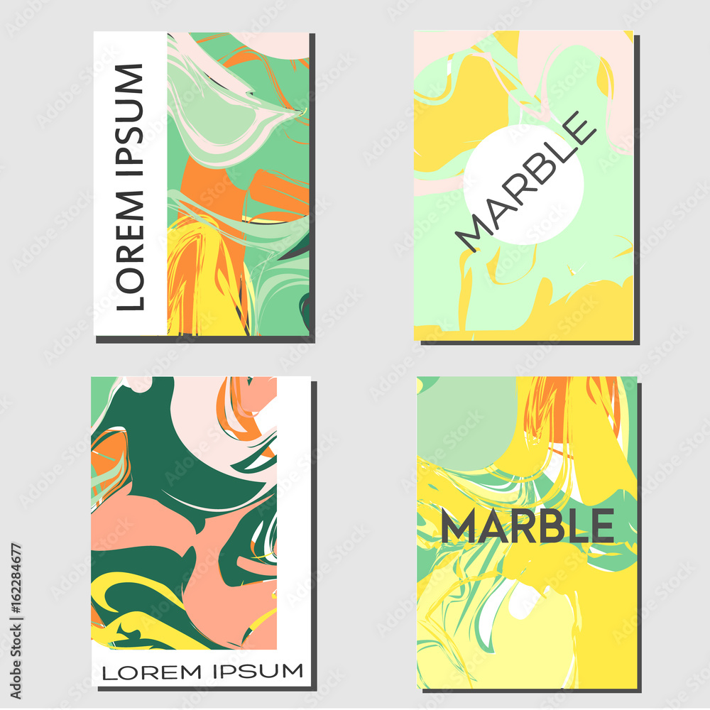 Flyer design template. Abstract background with marbling shapes. Fashionable banner, invitation, advertisement, cover