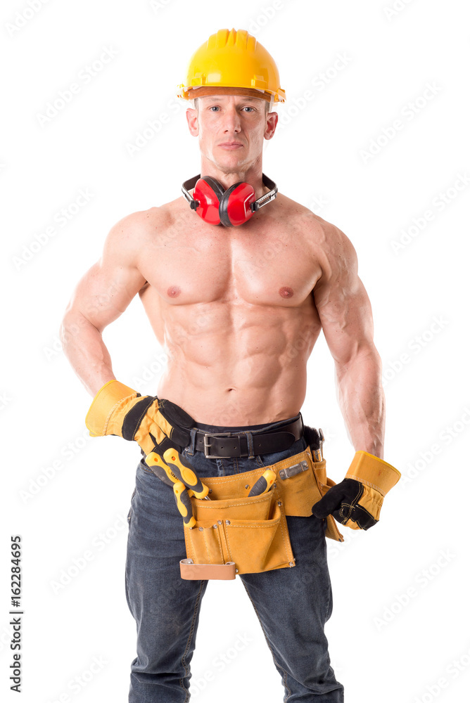 handsome construction worker posing isolated in white handsome construction worker posing isolated in white