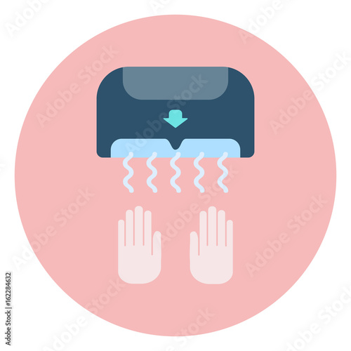 Flat blue hand dryer icon, bathroom and restroom equipment