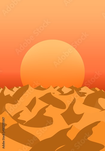 Summer morning landscape with exit orange sun over the horizon of the desert with sand dunes with shadow 