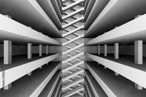 design element. 3D illustration. rendering. empty large warehouse building inside. black and white