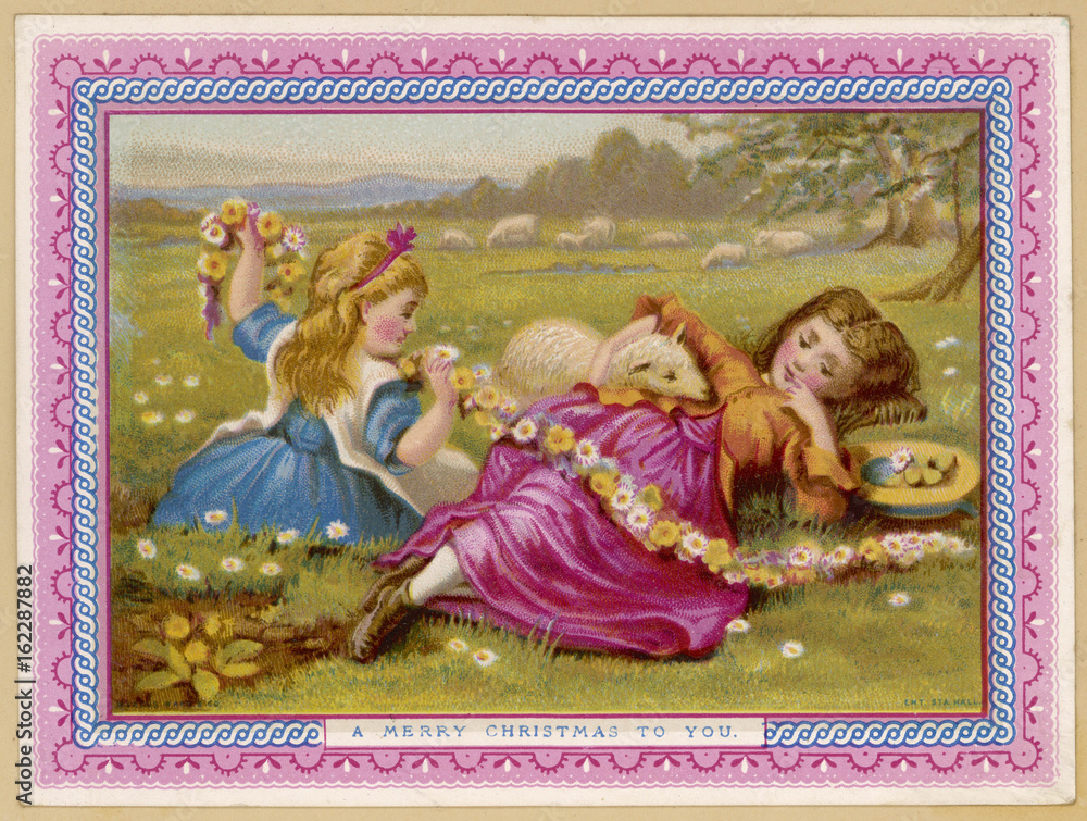 Obraz premium Card - Girls in Field. Date: circa 1880