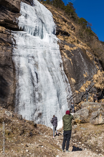 Freezing waterfall that flew from the mountain at Lachen. North Sikkim, India.