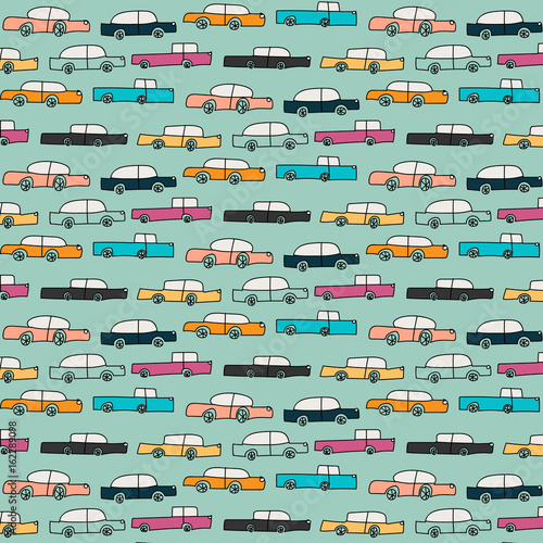 Hand Drawn Pattern With Colorful Cars.