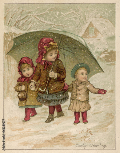 Children Walk in Snow. Date: circa 1880