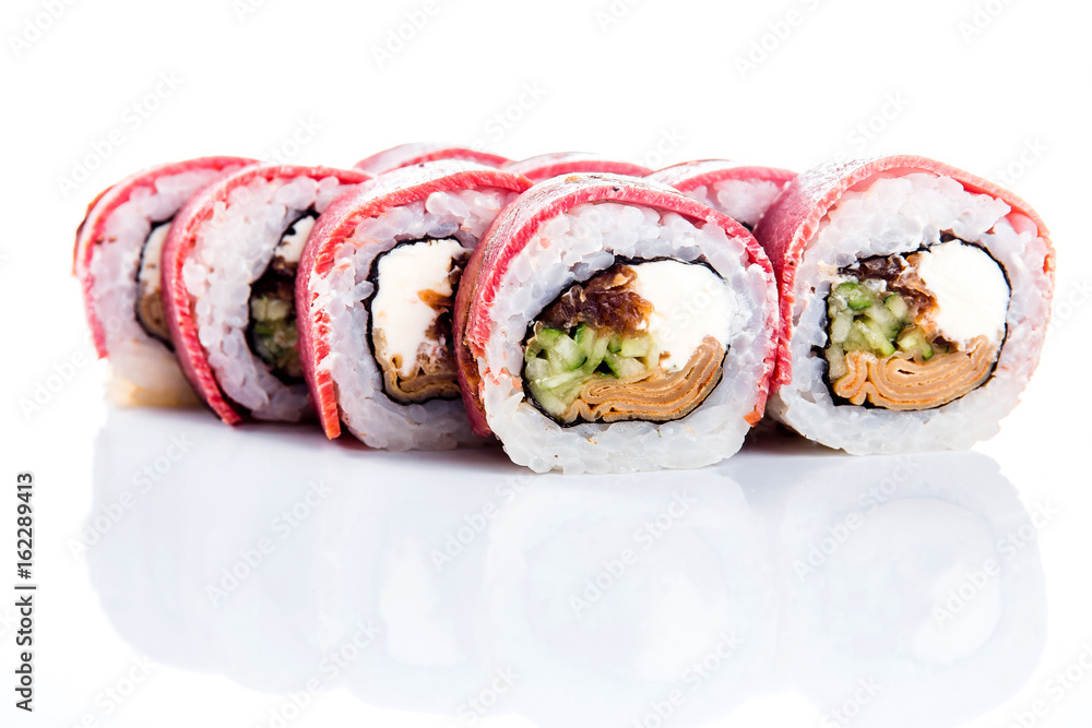 sushi rolls on white background isolated. Traditional Japanese cuisine sushi rolls on white background isolated. Traditional Japanese cuisine