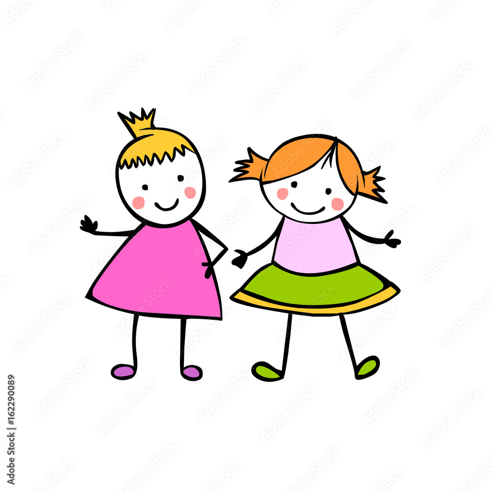 Friends. Two girls. People in the children's style Friends. Two girls. People in the children's style