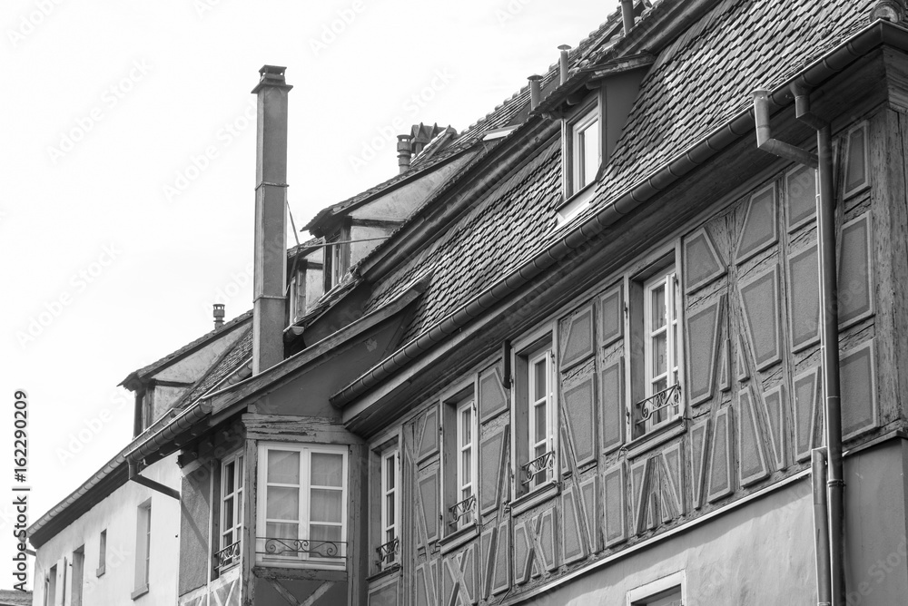 Black and white photo of a building in Colmar, Alsace, France