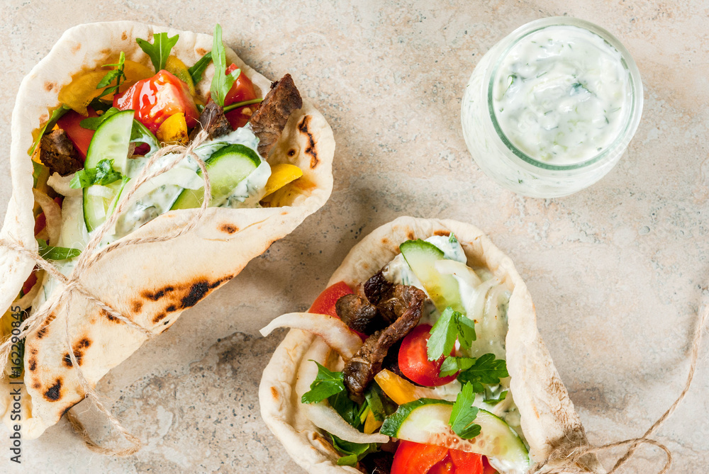 Healthy Snack, Lunch. Traditional Greek Wrapped Sandwich Gyros 