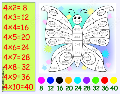 Exercise for children with multiplication by four. Need to paint butterfly in relevant color. Vector image.