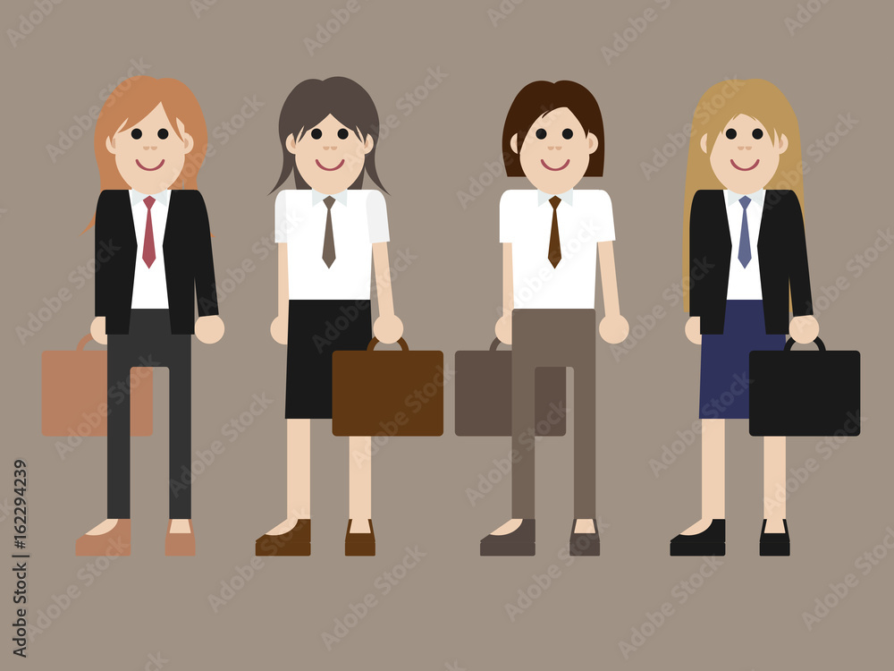 Four young trendy businesswomen wearing suits and ties with cases, isolated on brown background