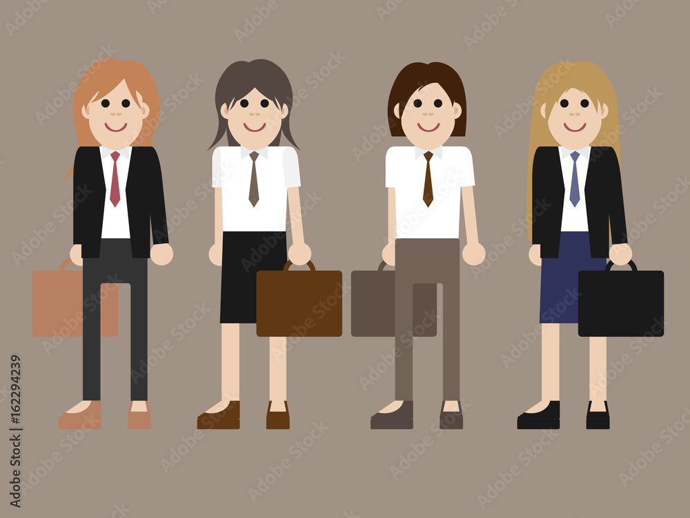 Four young trendy businesswomen wearing suits and ties with cases, isolated on brown background Four young trendy businesswomen wearing suits and ties with cases, isolated on brown background