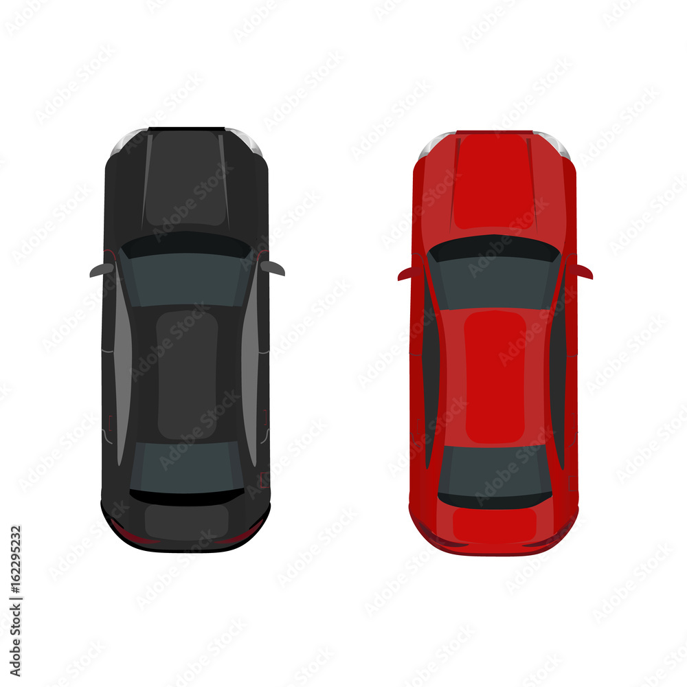 Two cars. Black and red. View from above. Volumetric drawing without a mesh and a gradient. Isolated on white background. illustration. Two cars. Black and red. View from above. Volumetric drawing without a mesh and a gradient. Isolated on white background. illustration.