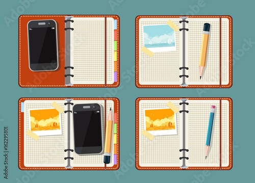 Set of Office stuff with notepad, smart phone, photo and watch on a background . A top view shot . Flat design notepad with place for text.