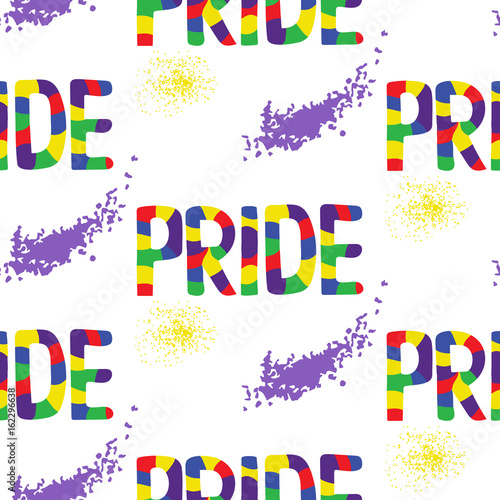 Colored rainbow letters of the handwritten text Pride. Seamless pattern on the theme of LGBT parade, vector design