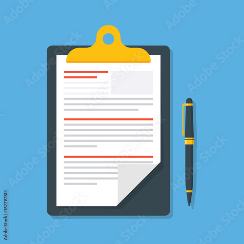 Business paper document with pen isolated on blue background in a flat style. Premium quality vector illustration.