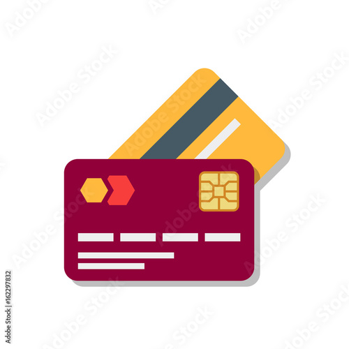 Banking or debit plastic card with shadow isolated on white background. Vector illustration in a flat style.