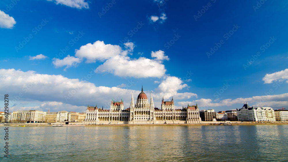 Beautiful view of the Parliament on the Danube in Budapest Hungary.